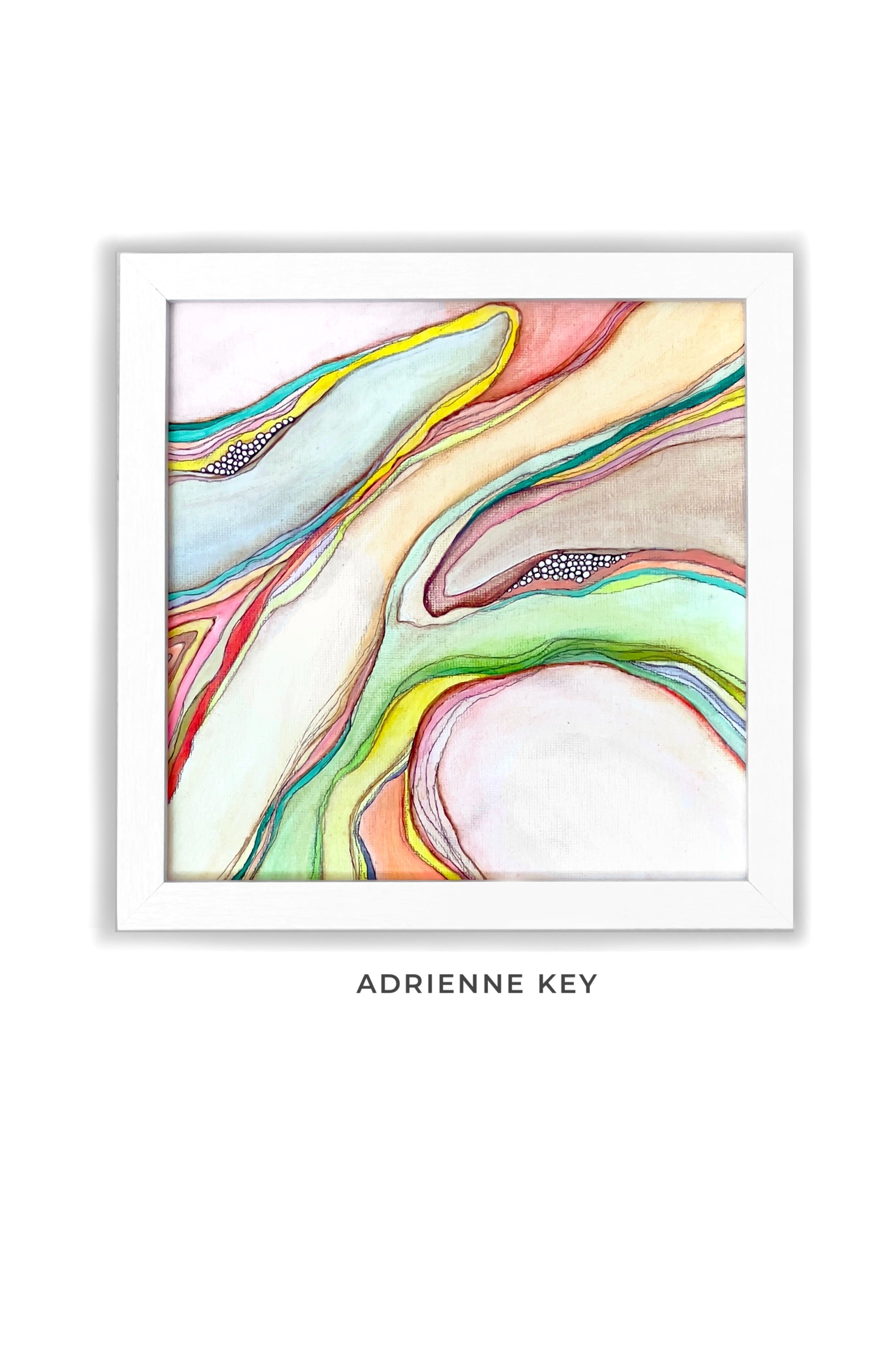 Abstract colorful squiggle line painting in a white frame.