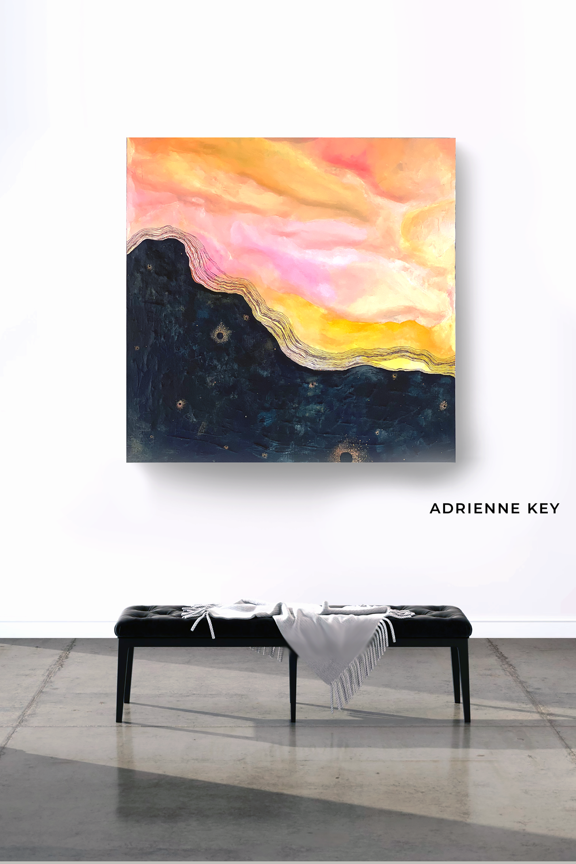 48x48 inch sculpted abstract wall art with bright colors at the top and dark colors at the base hung in a gallery space