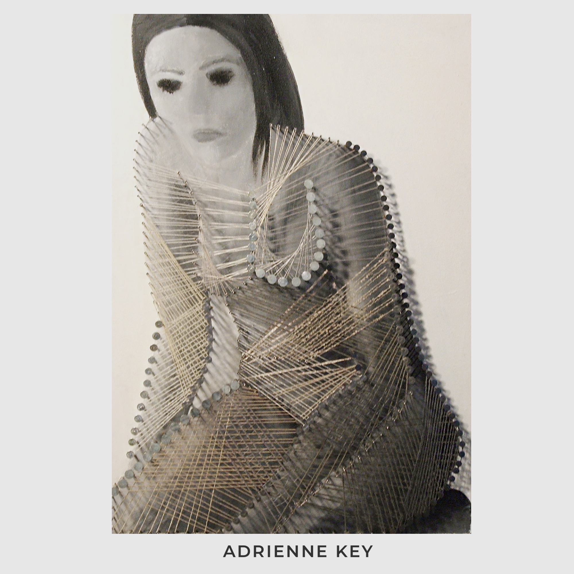 18x24 inch three dimensional wall art with a painting of a kneeling woman on a wood base with hundreds of nails set in the wood and string weaving between the nails