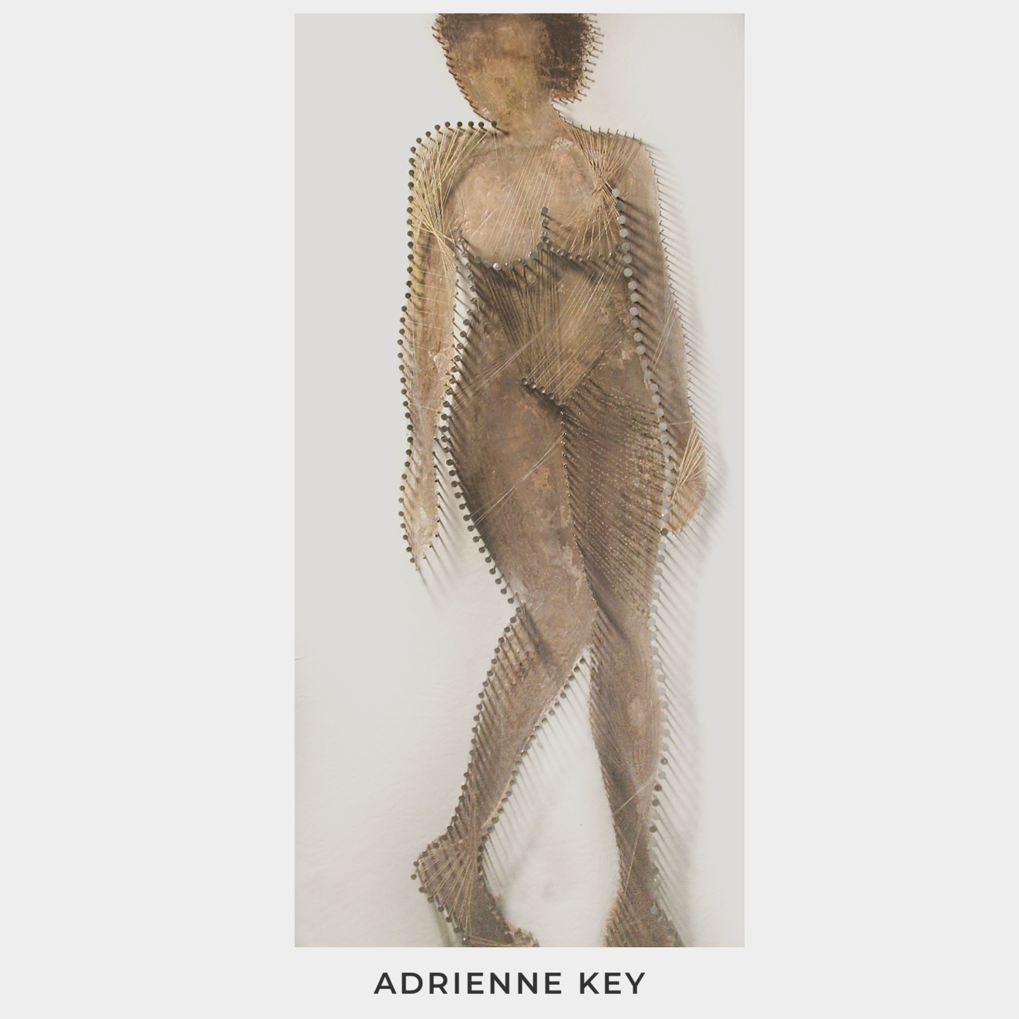 48x24 inch three dimensional wall art with a painting of a standing woman on a wood base with hundreds of nails set in the wood and string weaving between the nails