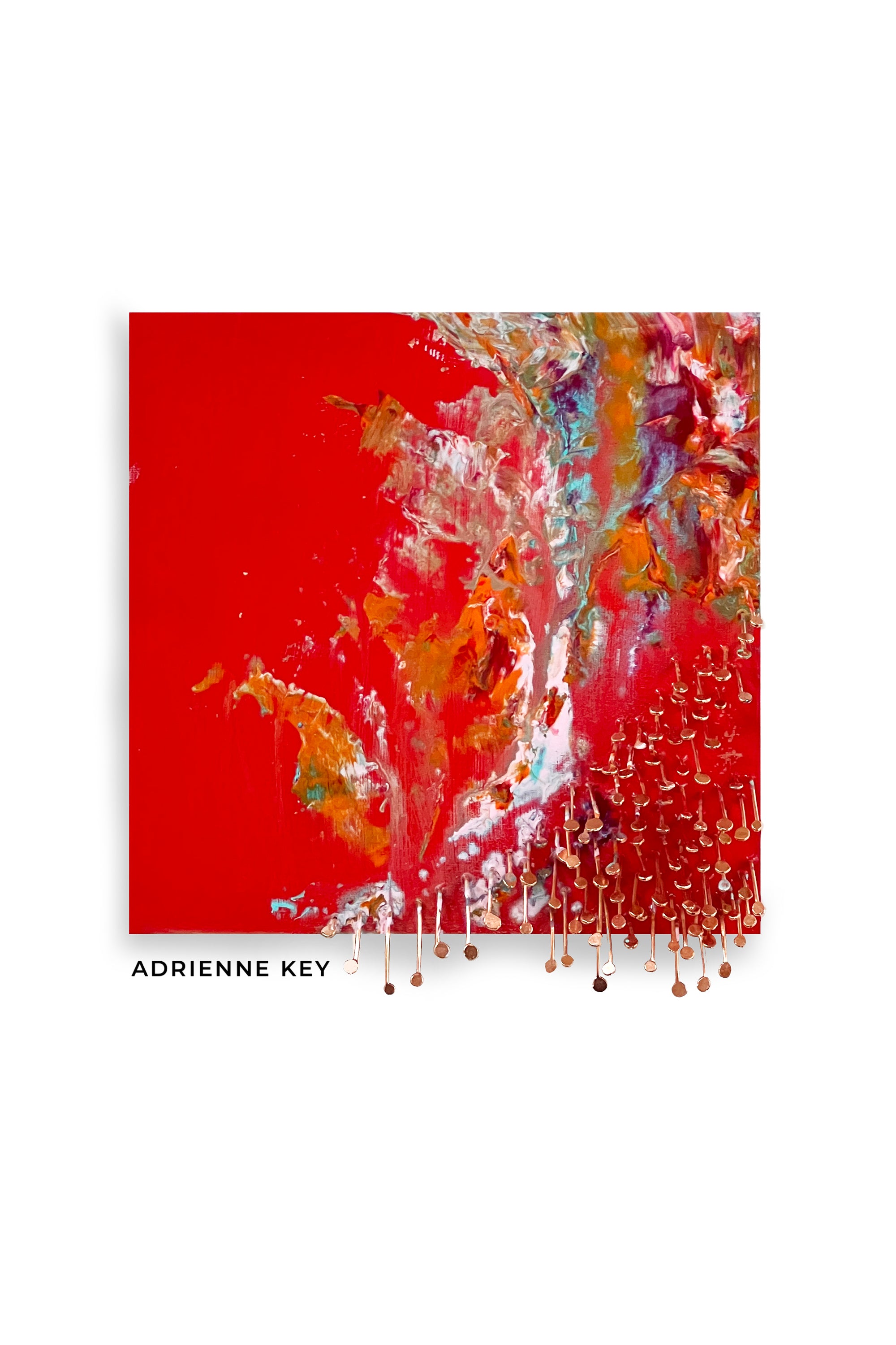 A 6x7 inch original art piece on wood using acrylic paint and hammered red brass pins