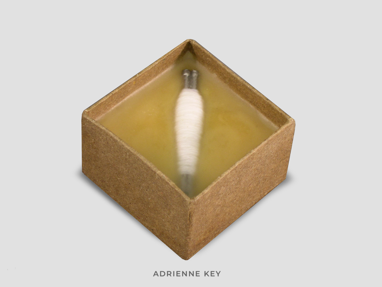 Sculpture of a found cardboard box filled with beeswax and two sunken steel nails bound together with white cotton string