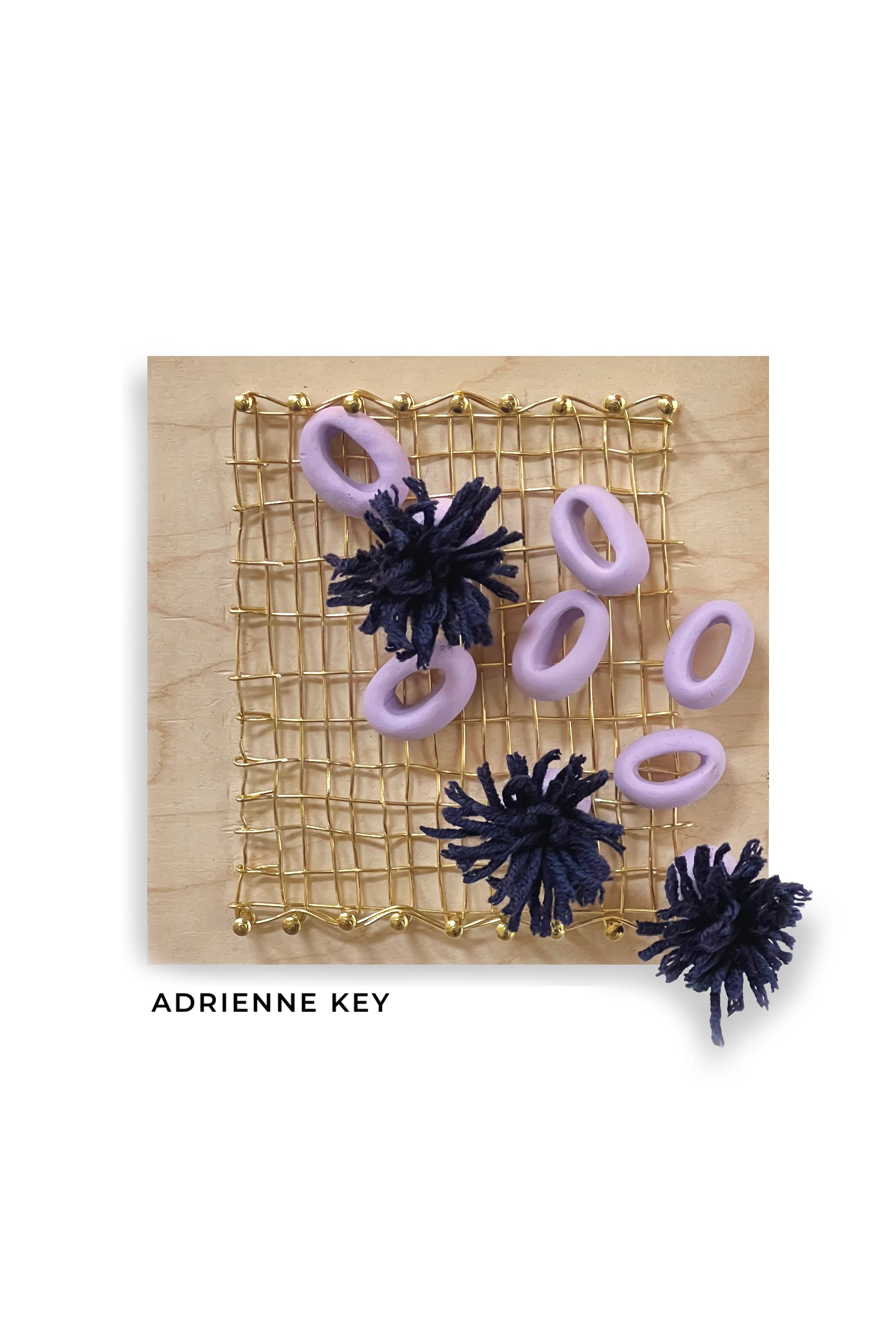 6x6 inch original art work with brass weaving on wood and purple polymer clay and navy blue wool accents