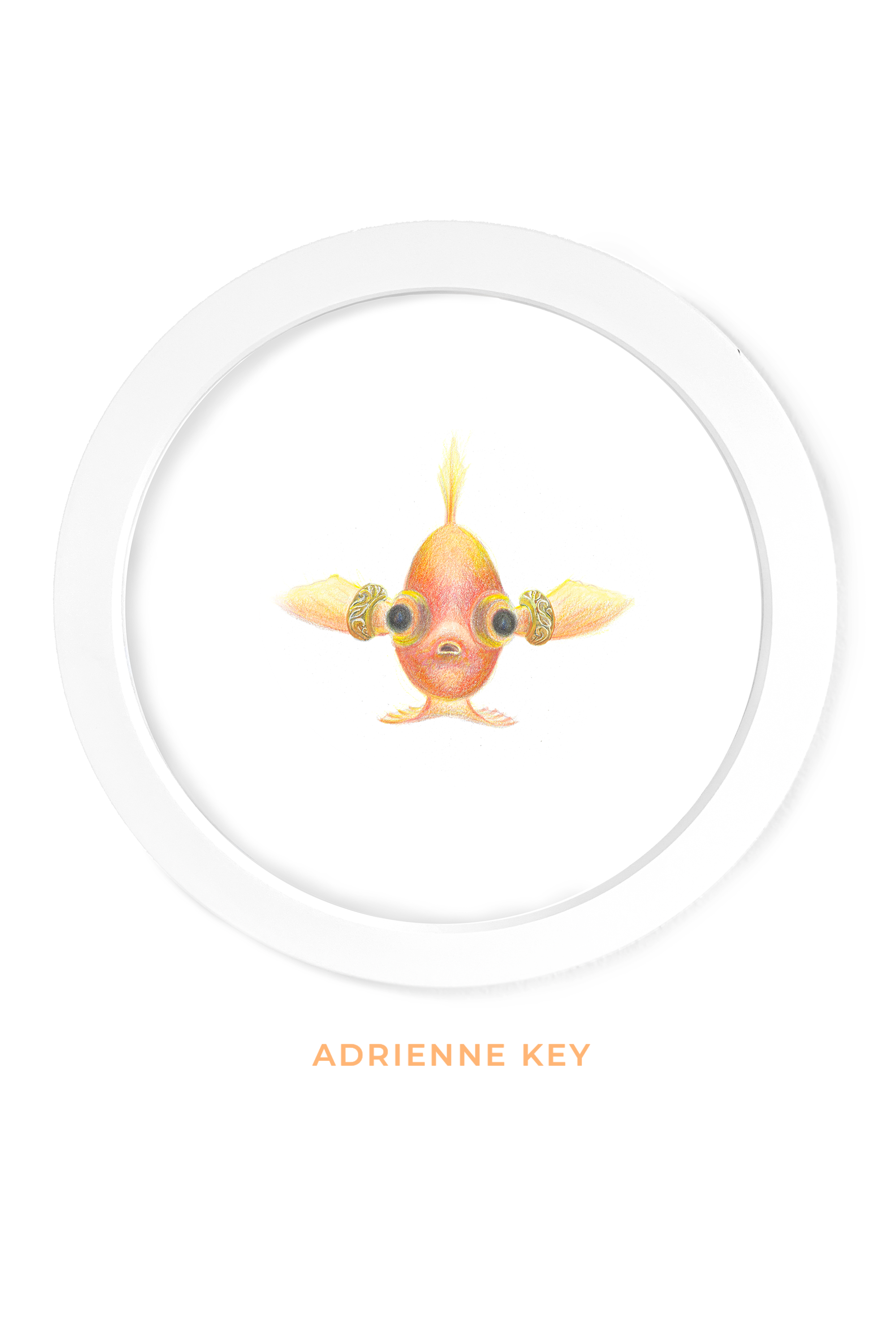 Framed original art in ink, watercolor, and color pencil of a goldfish facing forward wearing gold engraved bangle bracelets