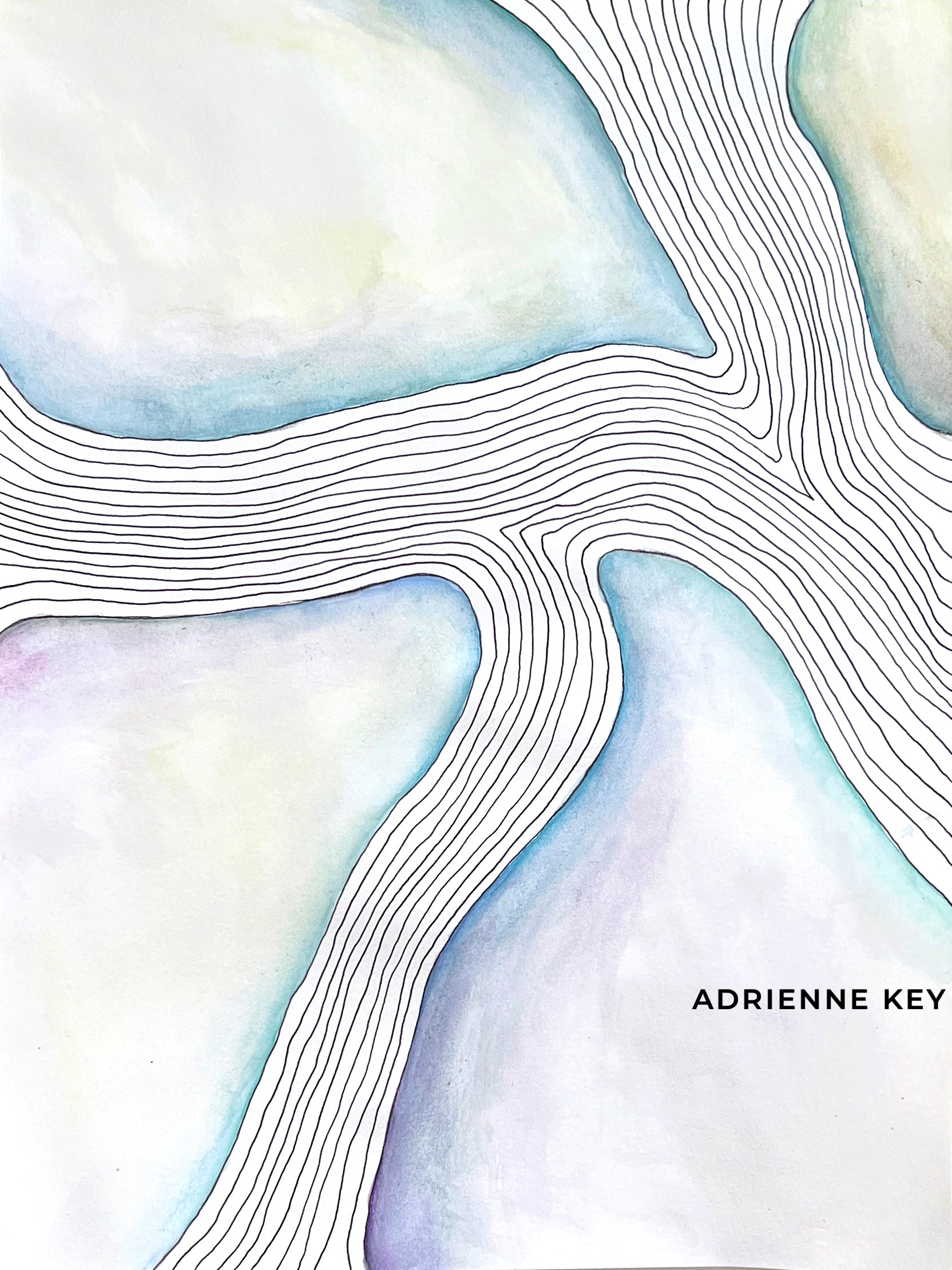 9x12 inch art drawing on paper using ink and watercolor to create abstract concentric lines in the shape of flowing water