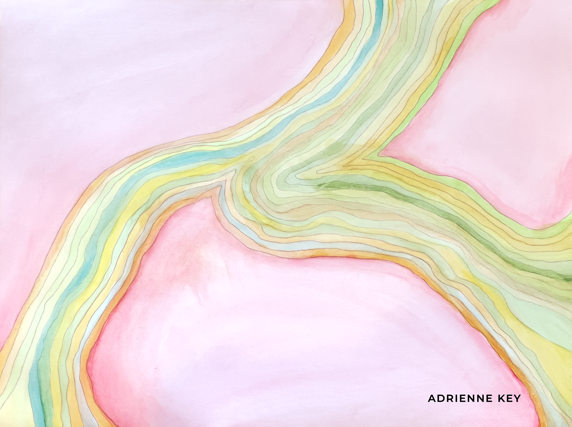 9x12 inch art drawing on paper using ink and watercolor to create bright color concentric lines in the shape of flowing water