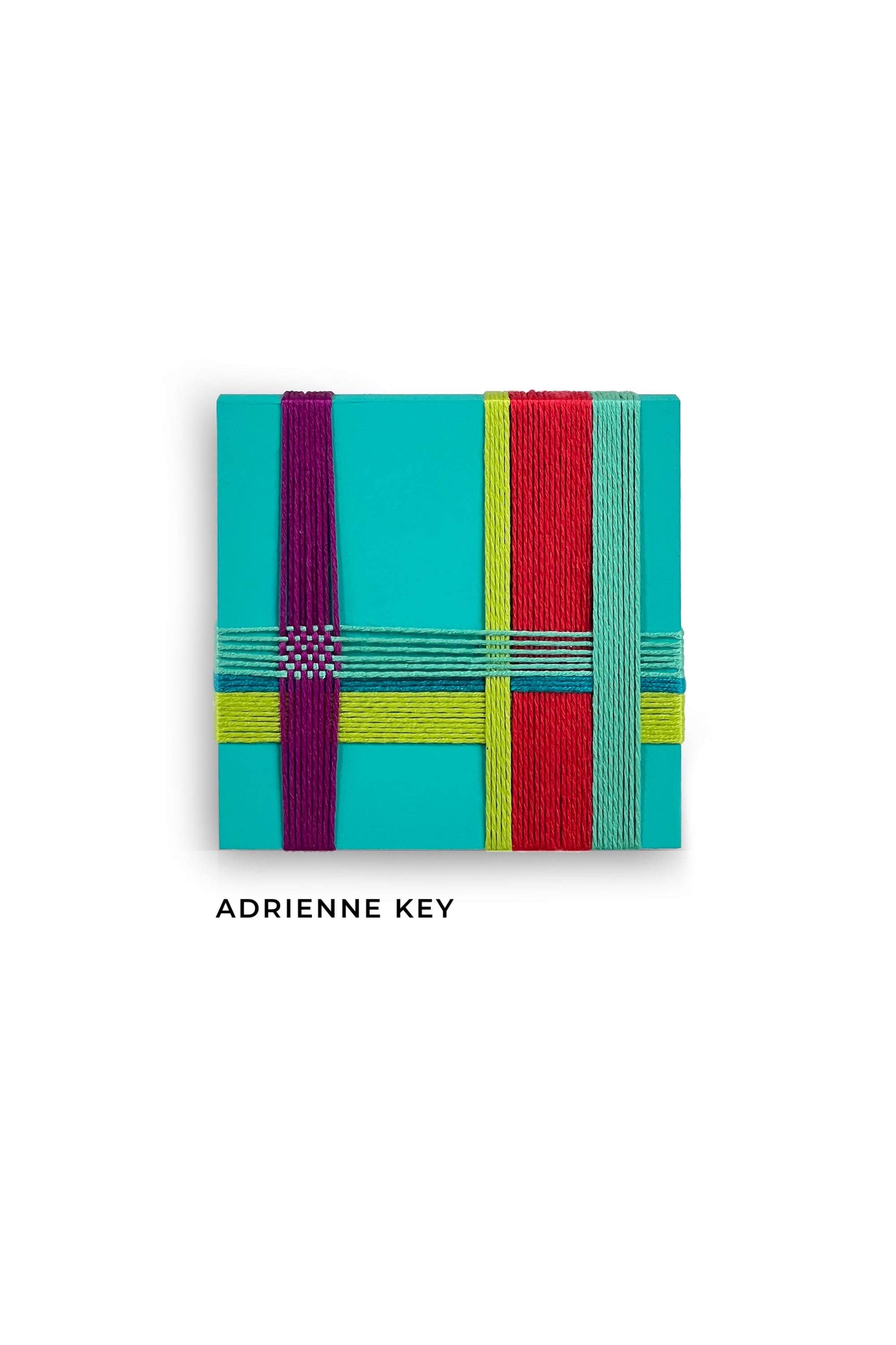 4x4 wall bright colors sculptural art with a teal square background and silk cord woven over the top.