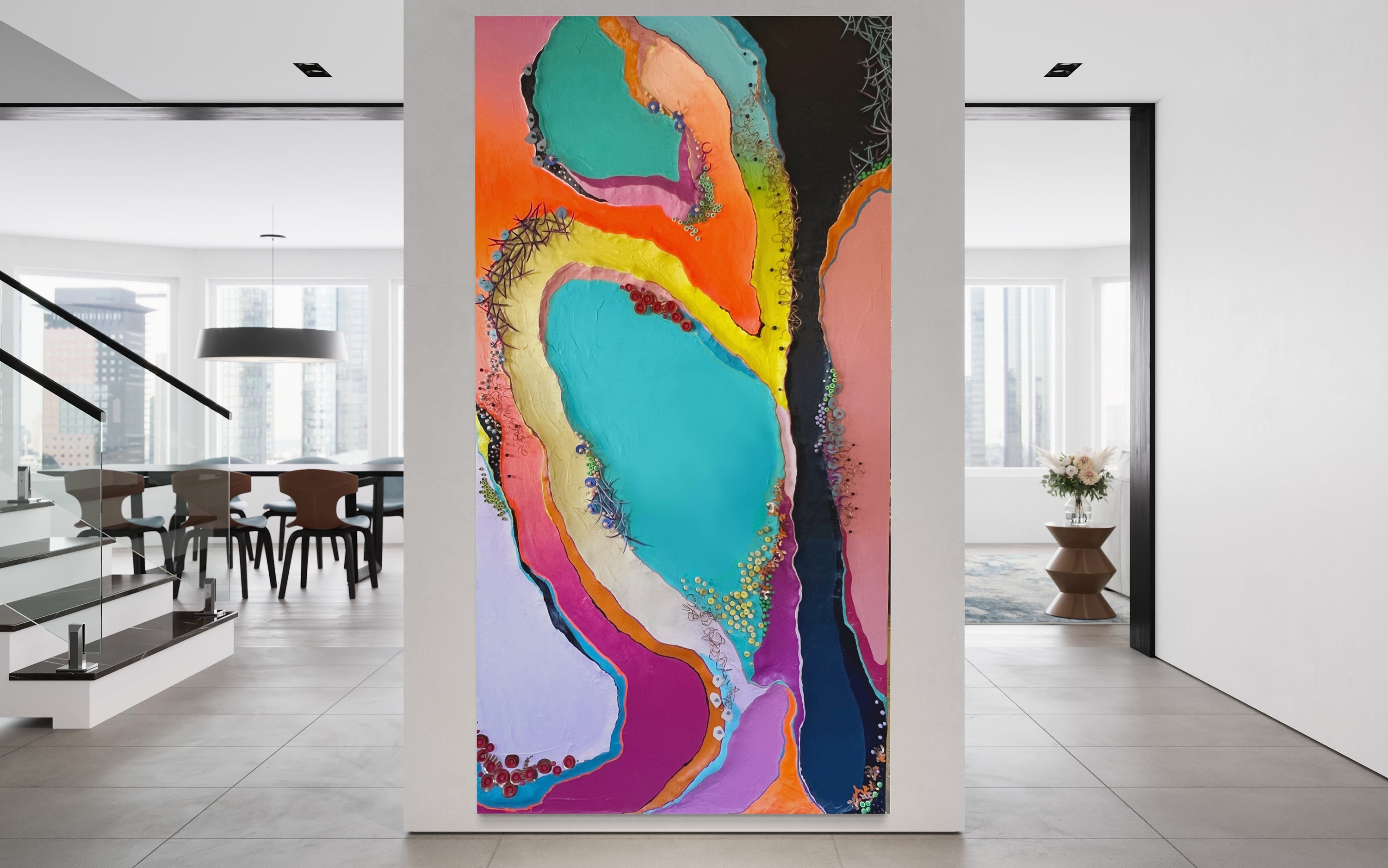 Large colorful abstract sculptural mural on an office wall that is 12x8 feet in size