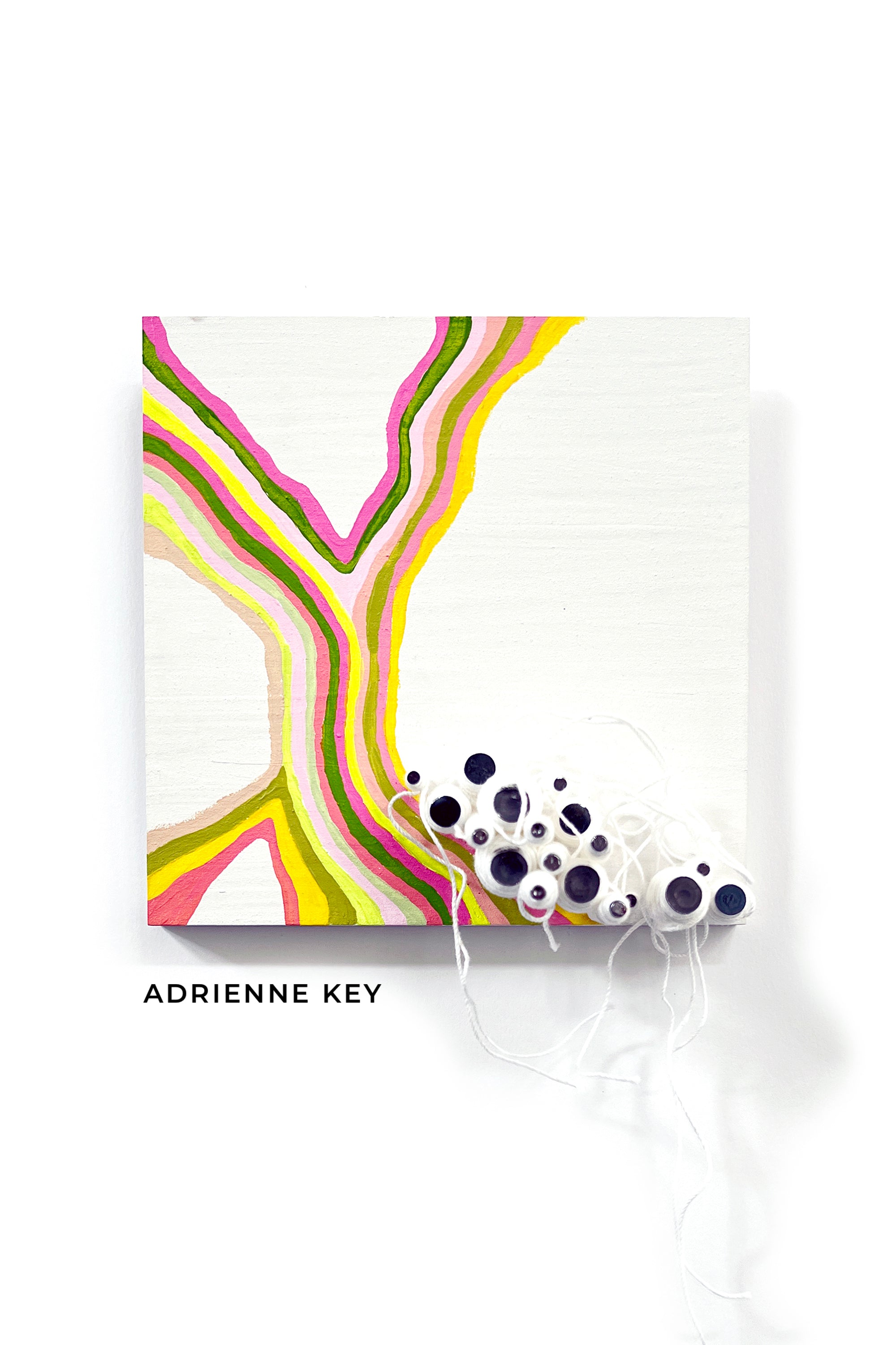 Original 6x6 inch colorful artwork with nails wrapped in white cotton string hammered into an abstract colorful painting on a wood base