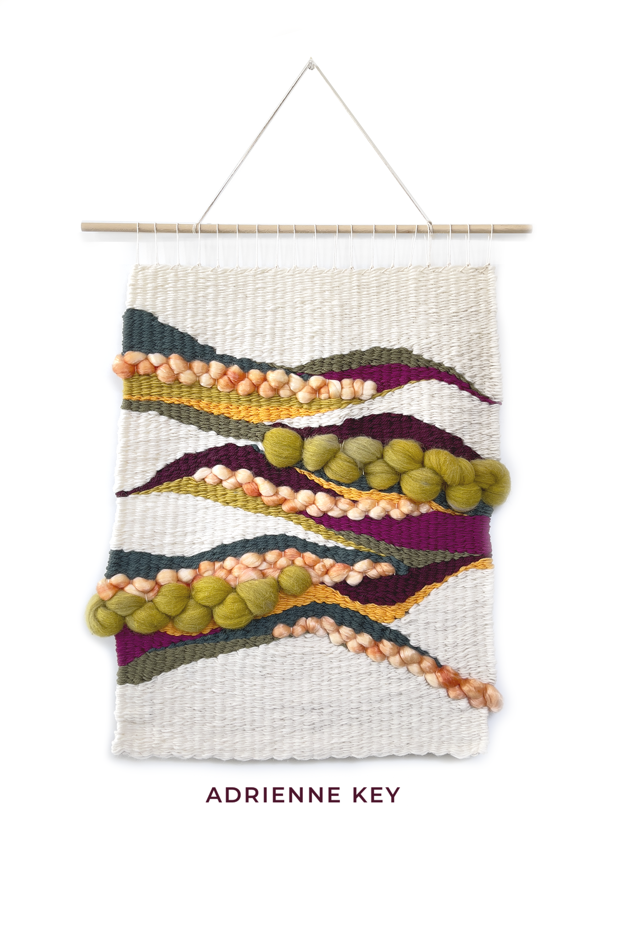 Original wall tapestry on a wood dowel that is 40x26 inches depicting a colorful abstract organic weaving in wool
