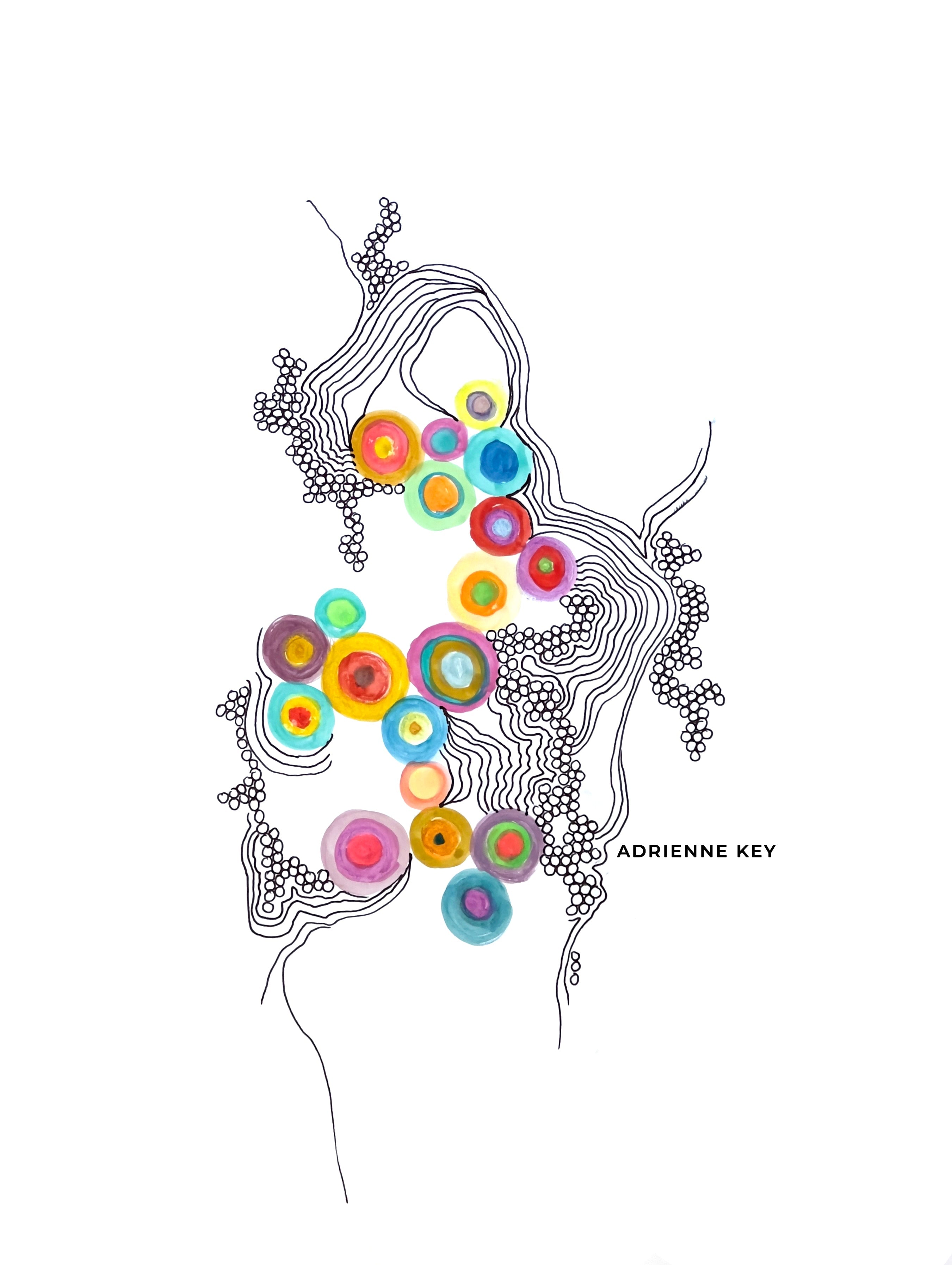 9x12 free form drawing with ink and watercolor coming organic concentric lines and bubble clusters