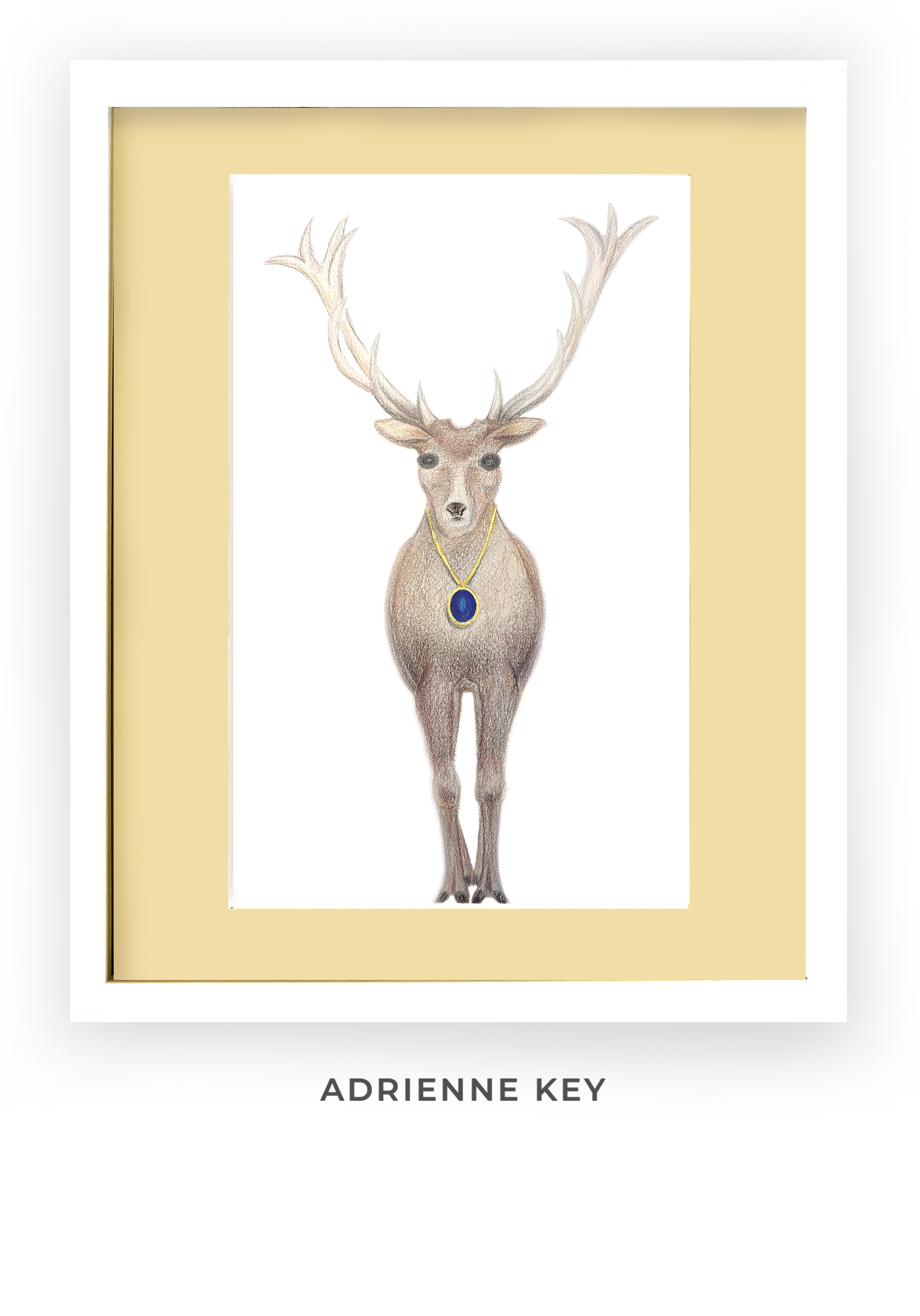 Framed original art in ink, watercolor, and color pencil of a deer facing forward wearing a sapphire and gold amulet necklace