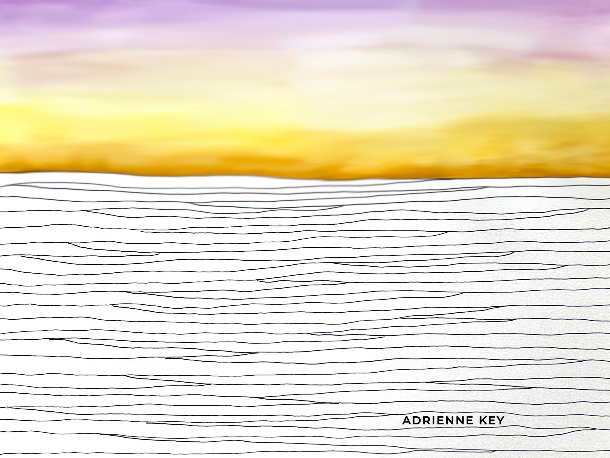 9x12 inch art drawing on paper using ink and watercolor to create abstract concentric horizontal lines and sunset