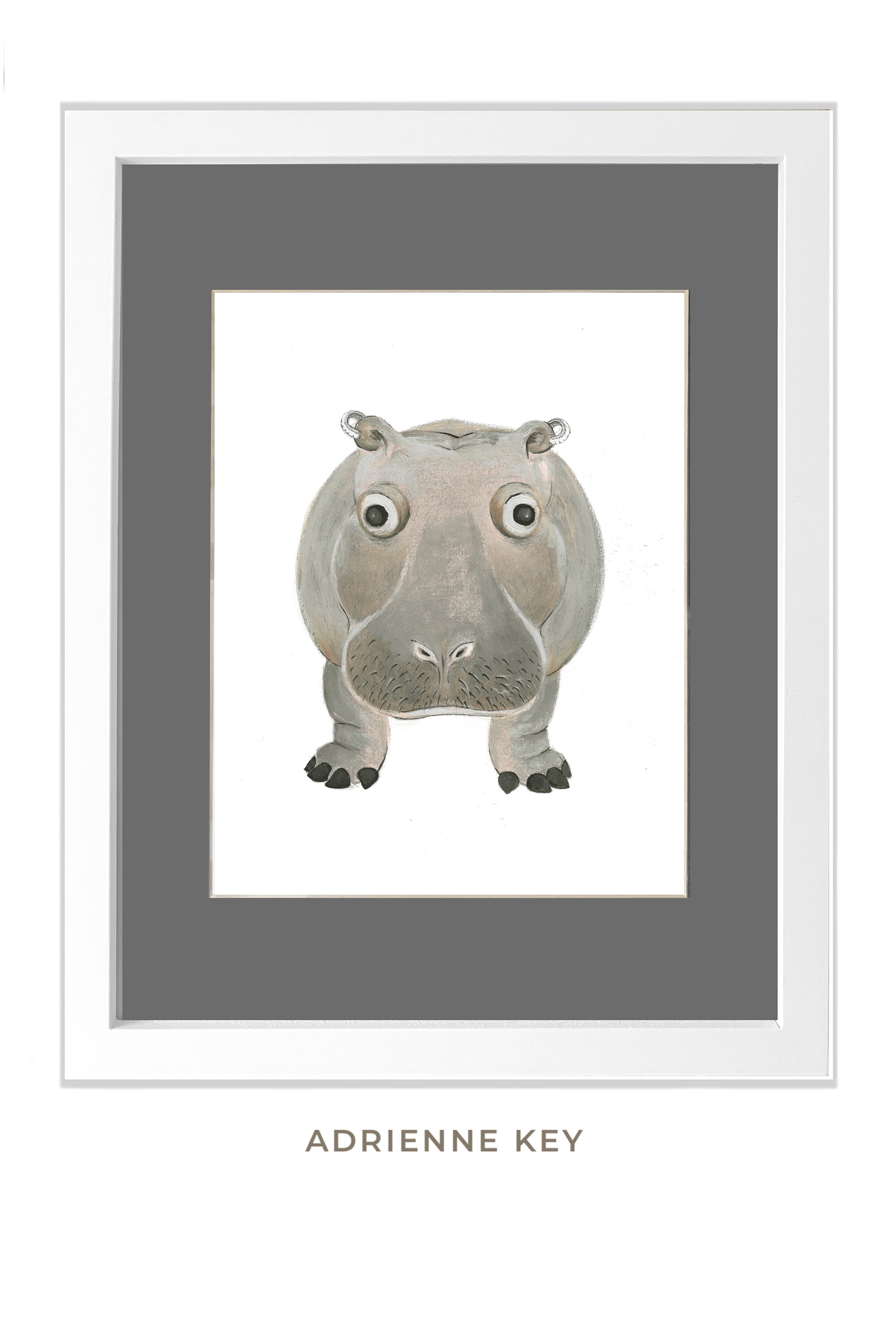 Original framed art in ink, watercolor, and color pencil of a hippo facing forward with diamond earrings