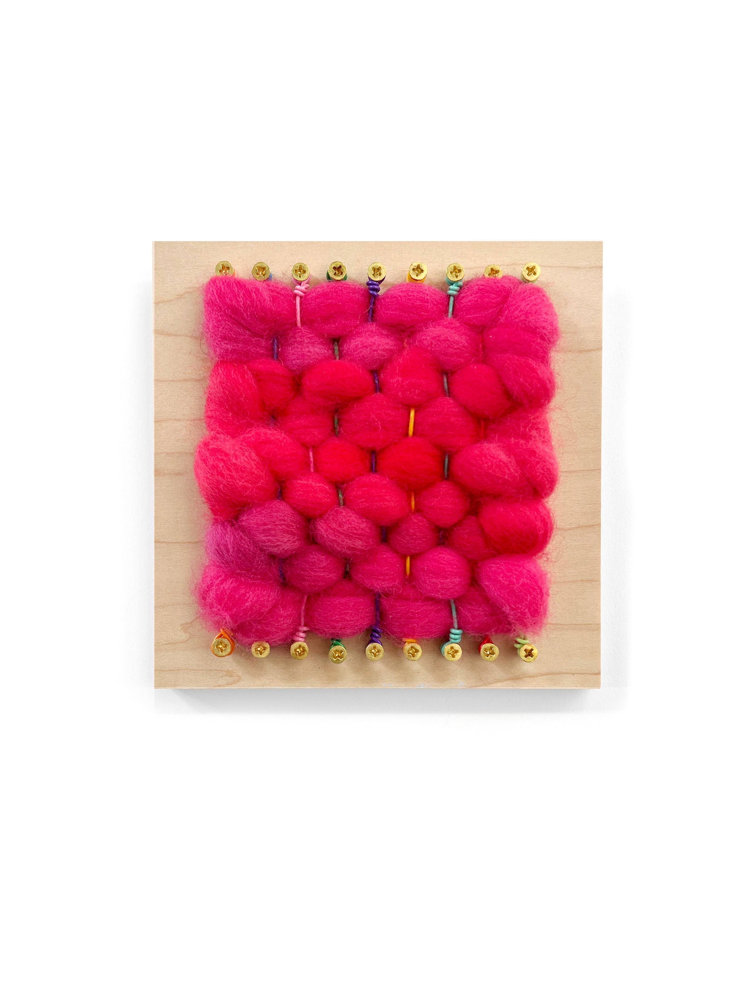 Original bright colorful wall art piece on 6x6 inch wood base with pink woven wool